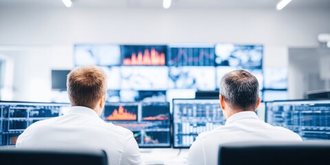 Behind the Screens: Two professionals intently monitor intricate financial data displayed on multiple screens, a symbol of data analysis and technological prowess.