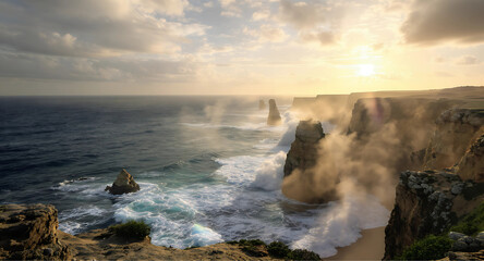 Obraz premium Dramatic Coastal Cliffs with Powerful Ocean Waves at Golden Hour