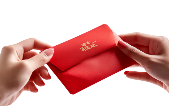 Detailed view of a hand holding a red Hongbao envelope symbolizing luck prosperity and celebration isolated on transparent background PNG