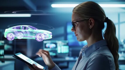 Female automotive engineer analyzes holographic car projection using digital tablet in modern laboratory. Advanced vehicle design technology with virtual reality interface for electric development - Powered by Adobe