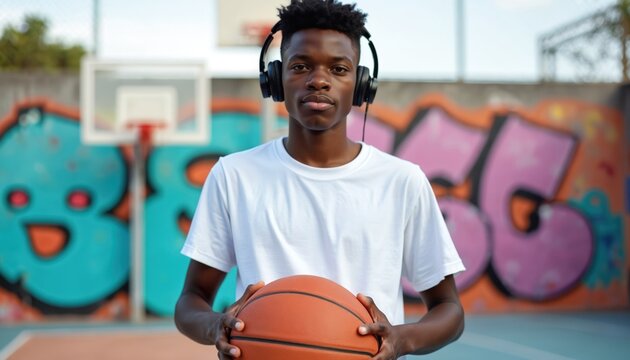 Teenager with headphones holds basketball in urban setting. Graffiti art on wall, bright neon colors, dynamic atmosphere. Youthful athlete, casual fashion style, relaxed mood.
