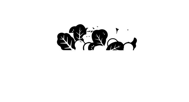 Monochrome graphic illustration of a leafy vegetable patch with stylized leaves and roots.