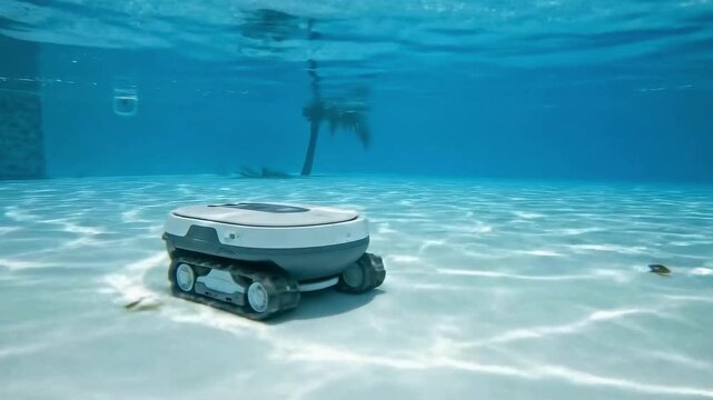 A futuristic cordless pool cleaning autonomous robot works efficiently at the bottom of a surface underwater. This smart home device represents the future of automated cleaning and maintenance tasks
