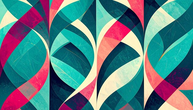 A vibrant abstract design features overlapping, swirling shapes in complementary shades of teal, crimson, and coral, creating a dynamic visual rhythm.