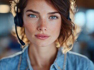Professional customer service representative with headset offering support, empathy, and solutions to client inquiries, showcasing positive communication