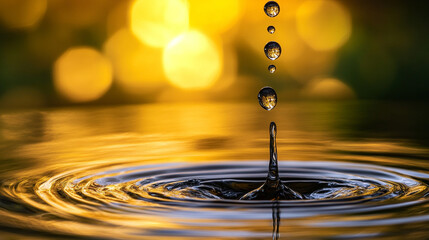 Closeup of a water drop splash in a pond at golden hour, macro view with orange and yellow tones, ripples, surface tension, refreshing and natural beauty.