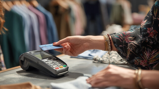 A customer taps her card on a payment machine at a clothing store counter, demonstrating a seamless cashless checkout