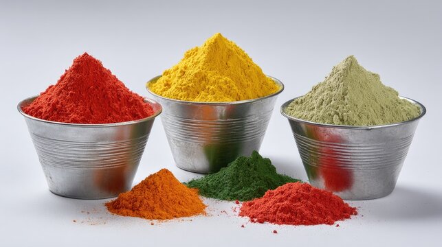 Assorted colored powder in metal bowls.