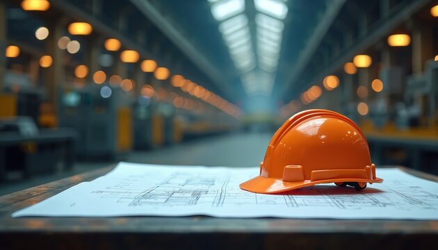Orange industrial safety helmet rests on blueprints inside large factory. Engineering plans detail machinery, equipment in manufacturing production. Site development, construction structure security.