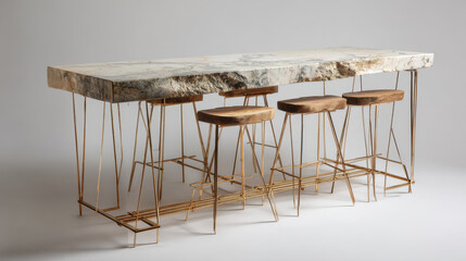 A freestanding kitchen table features a stone top and golden metal legs in an industrial-chic design