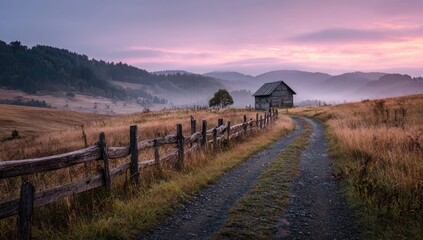Rustic cabin nestled in a misty mountain valley at dawn