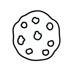 Simple outline graphic of a chocolate chip cookie with visible chips on white background