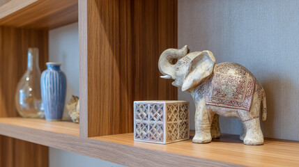 A Moroccan-inspired interior arrangement showcases a wooden shelf, decorative cube, and an elephant figurine in a contemporary setting