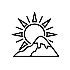 Mountain Peak Silhouette Beneath Radiating Sun Outline on White