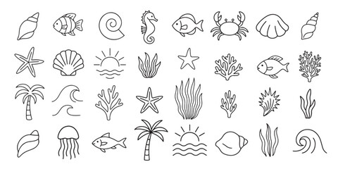 Hand-drawn sea life doodle set with shells, fish, palm trees, waves, sun, and marine elements in minimalist linear style, isolated on white background vector illustration