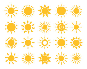 Collection of playful yellow sun doodles in various styles, perfect for summer, weather, and kids designs, isolated on white background vector illustration