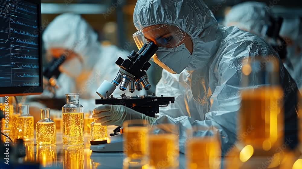 Poster scientists in protective suits analyze samples under microscopes in a lab setting