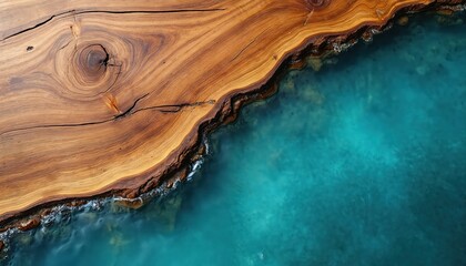 Close-up of walnut wood resin table surface featuring natural rustic art. Blue epoxy river flows beside live edge wood grain texture. Detailed natural backdrop with knots and cracks.