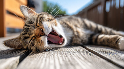 Plakat A striped domestic cat stretches and yawns contentedly while lying on a wooden terrace floor, basking in calm surroundings