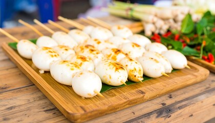 Grilled eggs on skewers, displayed on a wooden tray, with a warm, inviting presentation.