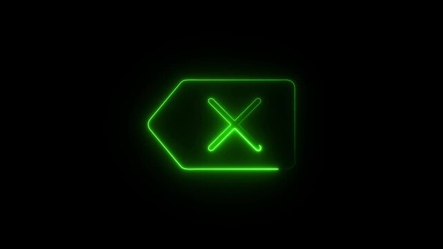 Neon green delete key icon animation with glowing effect on black background digital graphic
