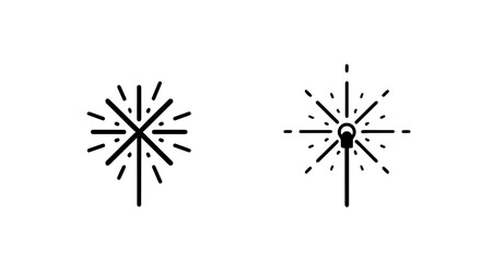 Fototapeta premium Set of two minimalist black line art icons depicting a sparkler and a glowing lightbulb with radiating light rays.