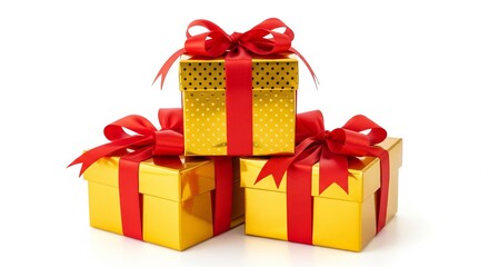 Obraz premium Golden Gifts Stacked: A festive arrangement of golden gift boxes, each adorned with a vibrant red ribbon, arranged in a visually pleasing stack.
