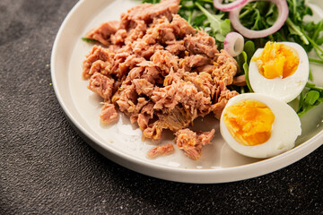 Tuna salad egg, arugula, vegetables tasty snack fresh delicious gourmet food background on the table rustic food top view copy space keto and paleo diet food pescetarian diet