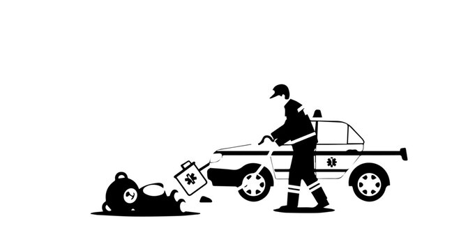 Silhouette of a paramedic with an ambulance responding to an injured teddy bear accident scene.