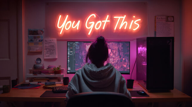Teen in hoodie sits at a desk illuminated by neon sign reading you got this while studying at computer late at night