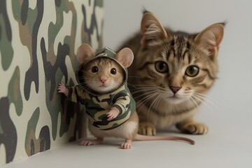Cute Mouse in Camouflage Hoodie with Curious Cat. Funny Cat and mouse Scene