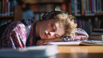 Student with headphones asleep on desk in library resting on open book surrounded by shelves