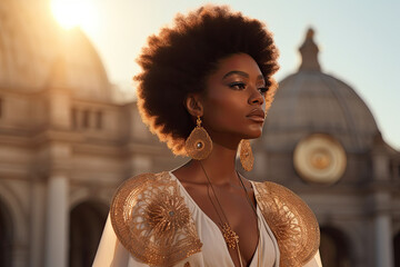 Woman with afro hairstyle in ornate white and gold dress standing before grand domed building at sunset.