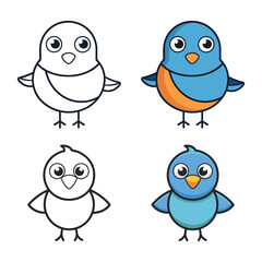 Cute Cartoon Bird Illustration Set with Outline and Color Variations, Bluebird Character Design for Kids, Education, Nature, Wildlife, and Art