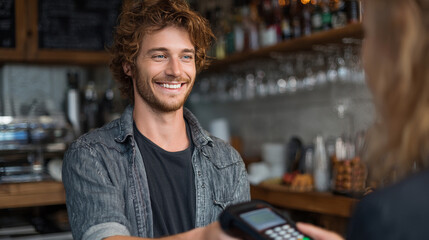 Cheerful young man making a contactless payment with his credit card in a cafe or bar setting, smiling at the cashier during the transaction