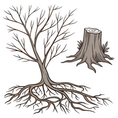 Various brown tree or shrub roots. Parts of plant, root system with tree stump. Dendrology, study of woody plants. Sketch drawing. Vector illustration