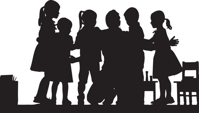 Teacher embraces children in classroom setting education learning