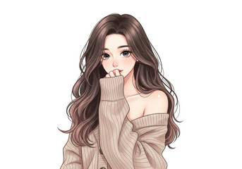 Elegant girl with long brown hair in sweater isolated on transparent background, a captivating portrait of youthful beauty and grace with a touch of sophistication