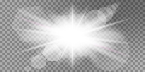 White glowing light explosive burst. New Year illustration for decoration cooling effect with ray glitter. Bright star. Transparent glitter gradient, unforgettable shine. Glare texture.