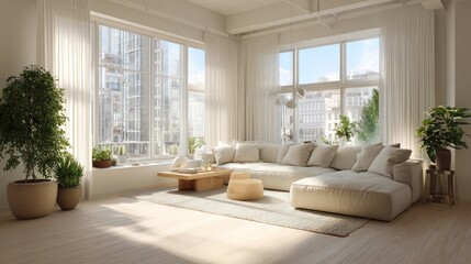 Sunny living room with beige sofa, plants, and large windows overlooking city buildings