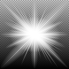 White glowing light explosive burst. New Year illustration for decoration cooling effect with ray glitter. Bright star. Transparent glitter gradient, unforgettable shine. Glare texture.