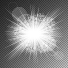 White glowing light explosive burst. New Year illustration for decoration cooling effect with ray glitter. Bright star. Transparent glitter gradient, unforgettable shine. Glare texture.