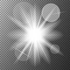 White glowing light explosive burst. New Year illustration for decoration cooling effect with ray glitter. Bright star. Transparent glitter gradient, unforgettable shine. Glare texture.