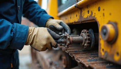 Blue-collar worker repairs excavator hydraulic system using tools. Focus on skilled labor, heavy machinery maintenance, industrial engineering. Technician works on complex mechanical parts, ensuring