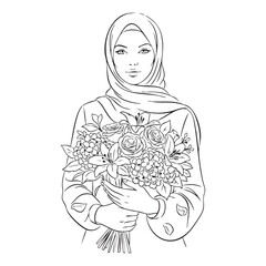 Muslim woman holding flowers, line art vector illustration