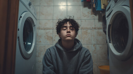 Teen doing laundry with visible exhaustion ordinary routine scene with quiet tone 