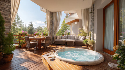 Obraz premium Luxurious balcony setup with a private jacuzzi, part of a boutique hotel or upscale cottage spa experience