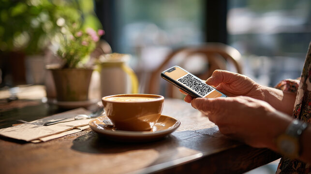 Man scans a QR code with his phone at a cafe table, representing contactless payment and digital wallet usage
