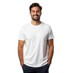 Fototapeta premium Smiling young man in a white t-shirt, casually dressed, standing confidently with a friendly demeanor against a plain background. on transparent background