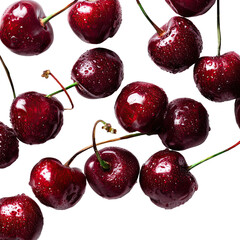 Close-up of fresh, ripe, juicy cherries with water droplets on a black background